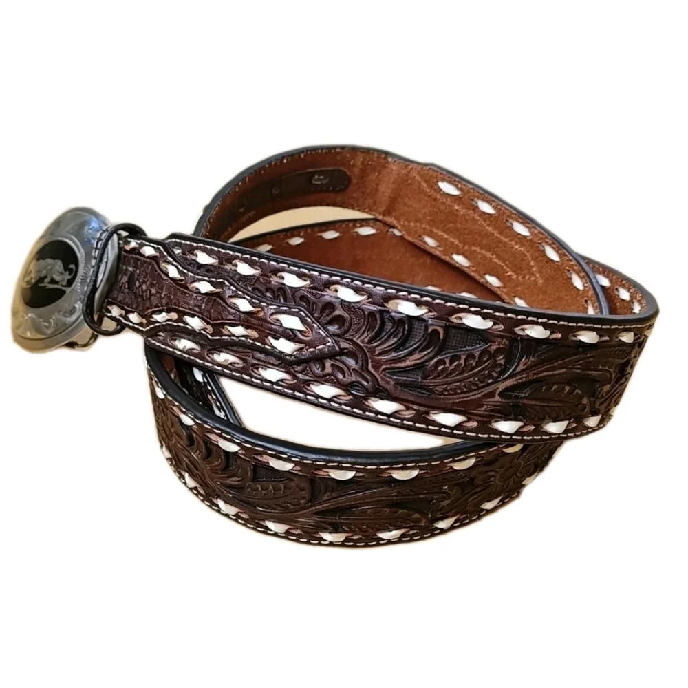 Vtg Ariat Brown Leather Belt Handmade Silver Jaguar Onyx Buckle Men 44-48